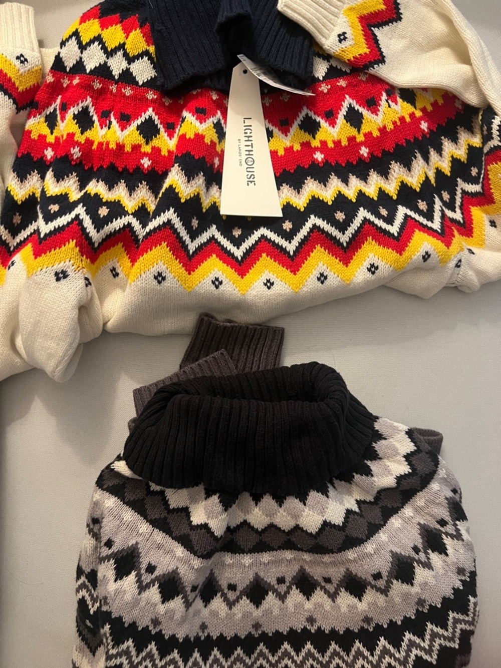 Lands' End Fair Isle Turtleneck Sweaters in Red, Yellow, Black, White and Gray